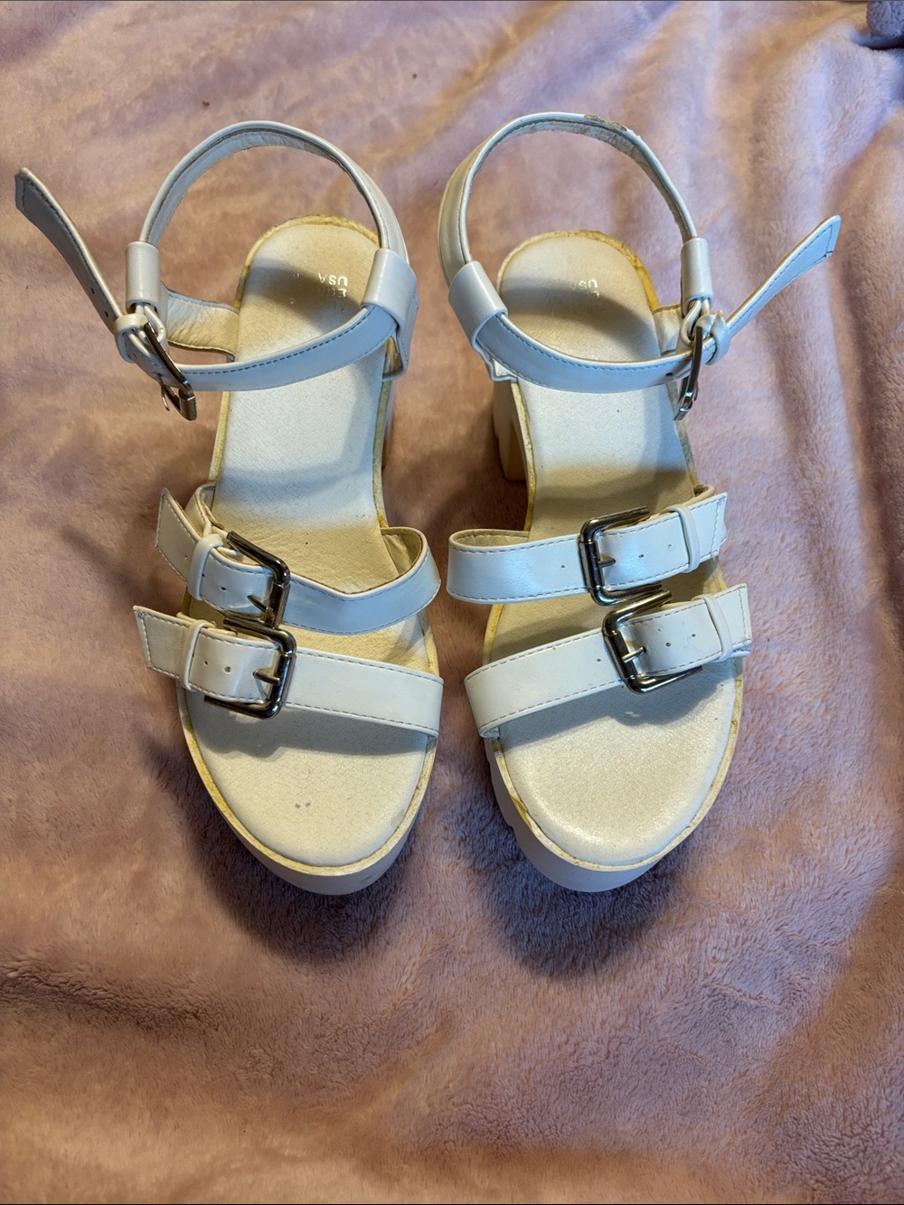 Chunky White Buckle Strap Sandals